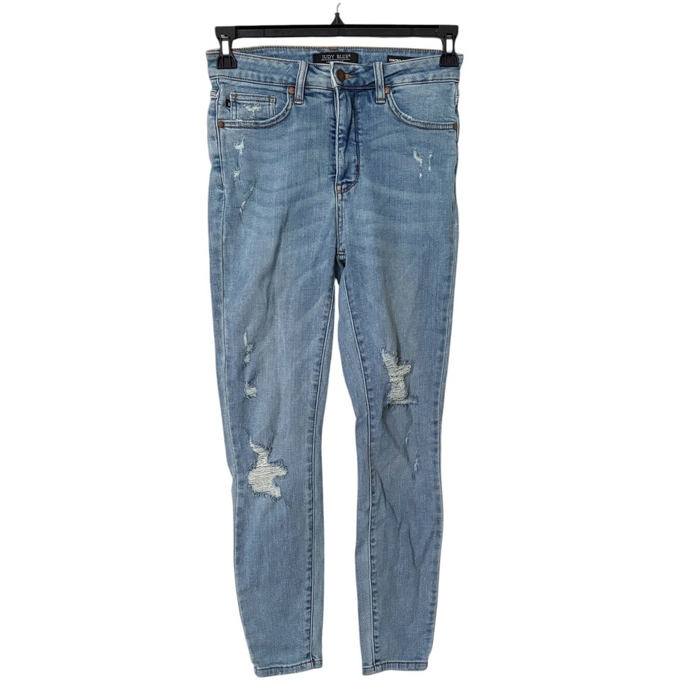 Judy Blue Womens 5/27 Control Top Skinny Jeans Light Wash Distressed Y2K Denim